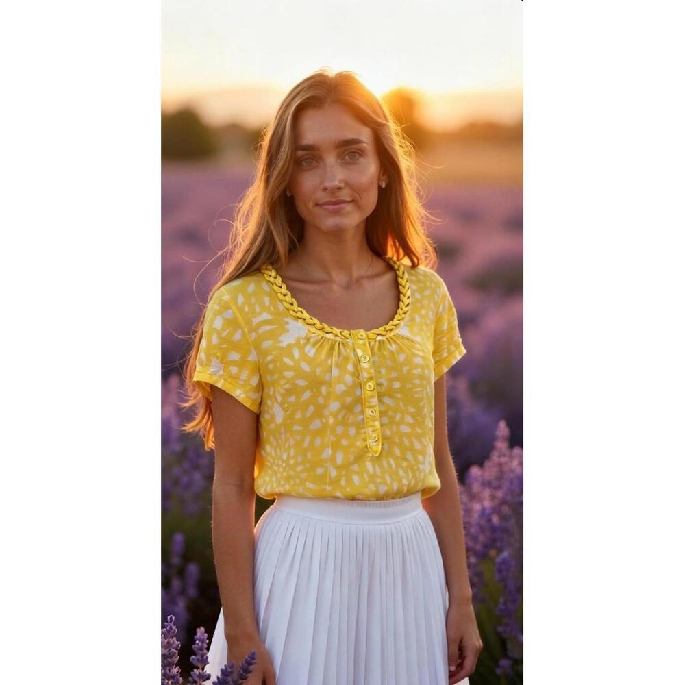 BODEN Women’s Yellow Floral Print Button Front Blouse Braided Neckline-Size 4